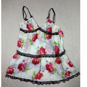 Betsey Johnson Women Medium White Red Rose Print Babydoll Nightgown Set NWT Wear